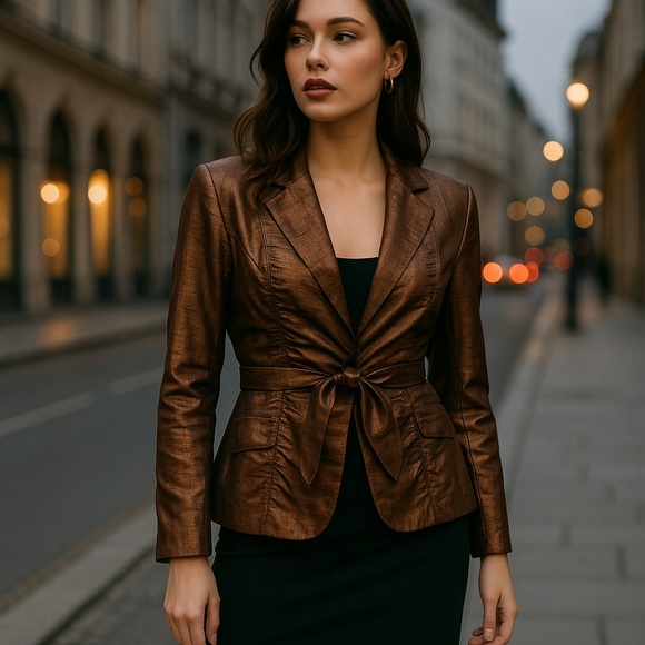 Mario Serrani Bronze Metallic Ruched Tie-Waist Blazer Jacket Size 12 - Picture 1 of 16